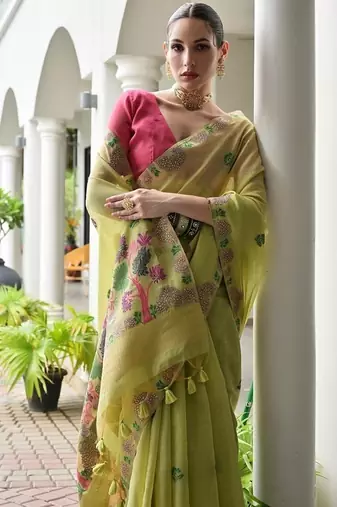 Green color chanderi cotton resham weaving party wear saree