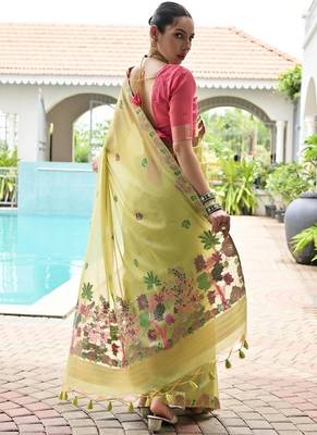 Green color chanderi cotton resham weaving party wear saree 3