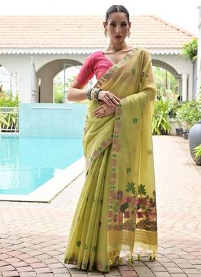 Green color chanderi cotton resham weaving party wear saree 4