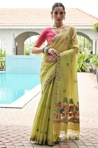Green color chanderi cotton resham weaving party wear saree