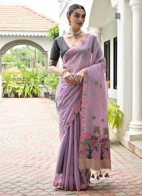 Levender color chanderi cotton resham weaving party wear saree 1