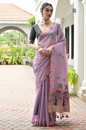Levender color chanderi cotton resham weaving party wear saree