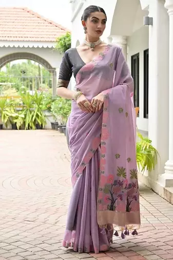 Levender color chanderi cotton resham weaving party wear saree