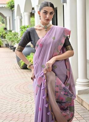 Levender color chanderi cotton resham weaving party wear saree 3