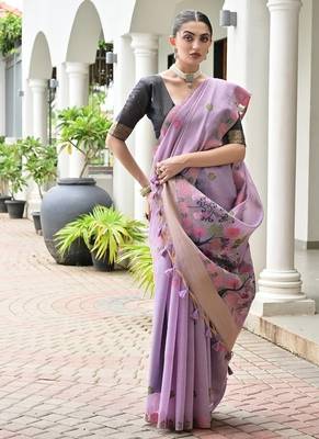 Levender color chanderi cotton resham weaving party wear saree 4