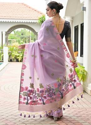 Levender color chanderi cotton resham weaving party wear saree 5