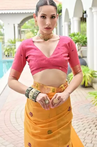 Yellow color chanderi cotton resham weaving party wear saree