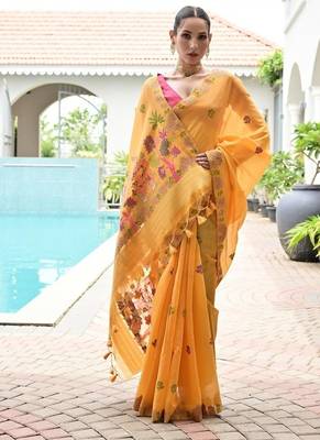 Yellow color chanderi cotton resham weaving party wear saree 4