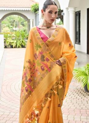 Yellow color chanderi cotton resham weaving party wear saree 5