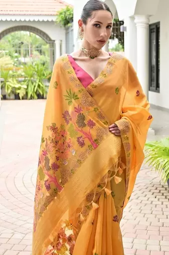 Yellow color chanderi cotton resham weaving party wear saree