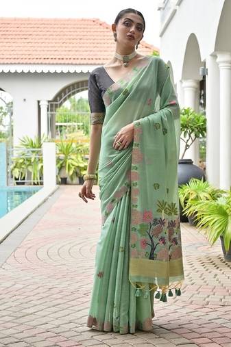 Sea green color chanderi cotton resham weaving party wear saree