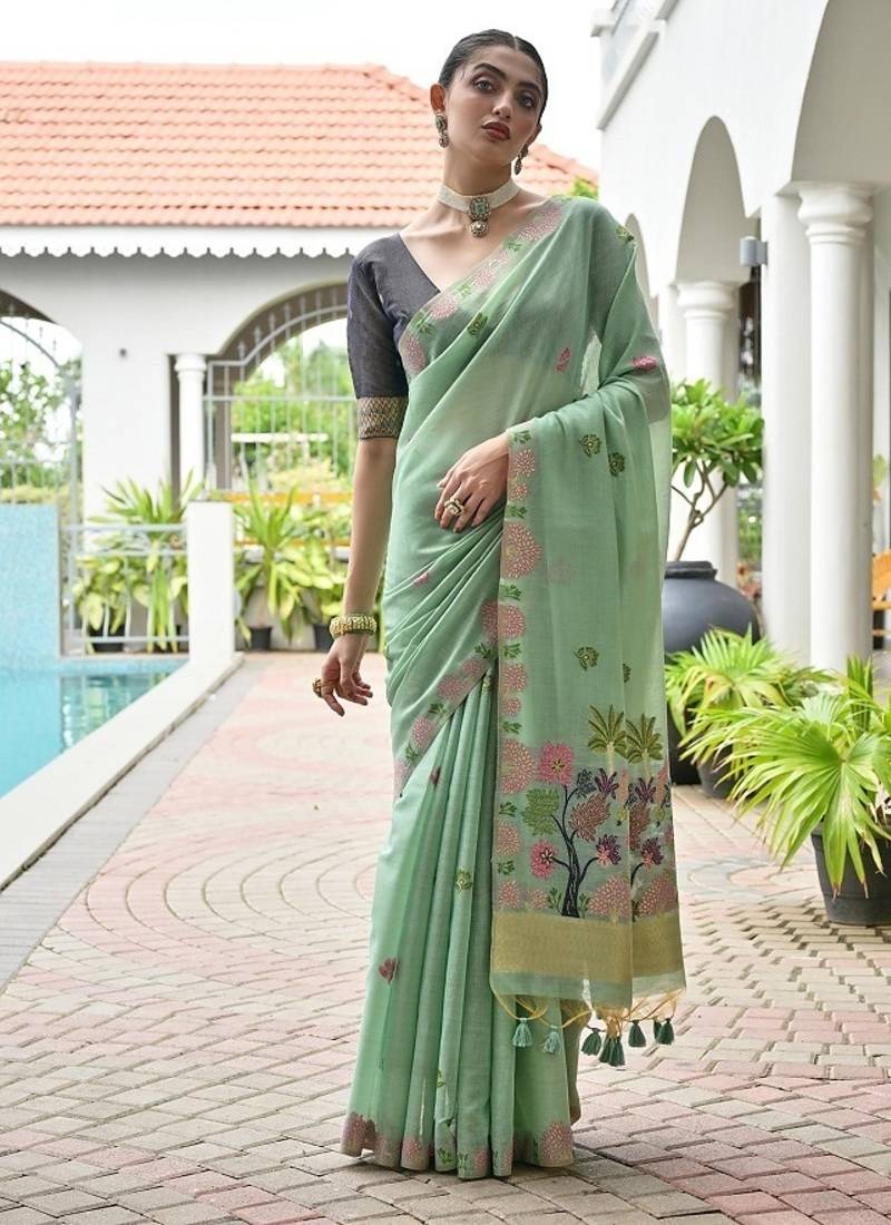 Sea green color chanderi cotton resham weaving party wear saree