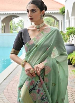 Sea green color chanderi cotton resham weaving party wear saree 2