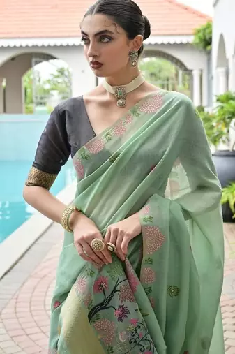 Sea green color chanderi cotton resham weaving party wear saree