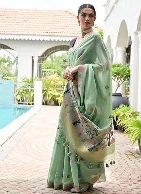 Sea green color chanderi cotton resham weaving party wear saree 3
