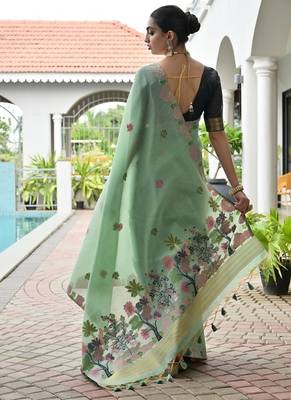 Sea green color chanderi cotton resham weaving party wear saree 4