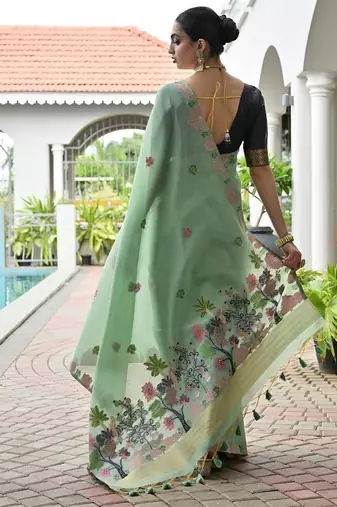 Sea green color chanderi cotton resham weaving party wear saree
