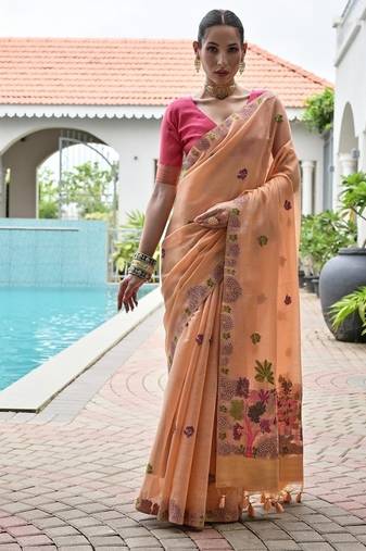 Peach color chanderi cotton resham weaving party wear saree