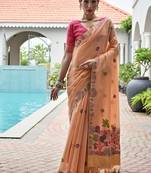 Peach color chanderi cotton resham weaving party wear saree