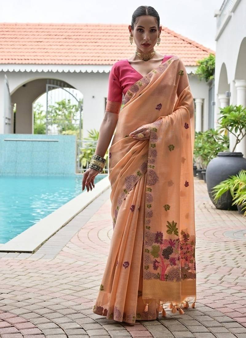 Peach color chanderi cotton resham weaving party wear saree