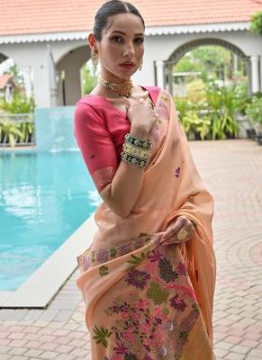 Peach color chanderi cotton resham weaving party wear saree 2