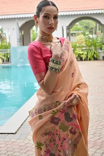 Peach color chanderi cotton resham weaving party wear saree