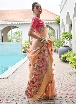 Peach color chanderi cotton resham weaving party wear saree 3