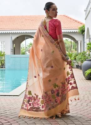 Peach color chanderi cotton resham weaving party wear saree 4