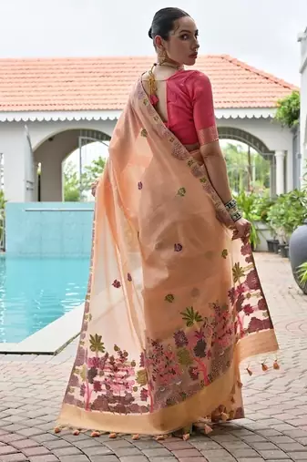 Peach color chanderi cotton resham weaving party wear saree