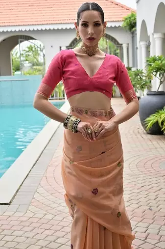 Peach color chanderi cotton resham weaving party wear saree