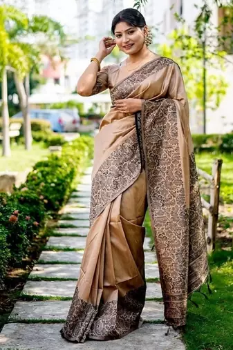 Beige color handloom raw silk weaving pallu saree