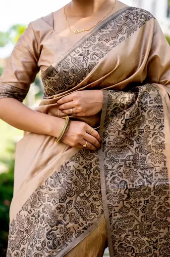 Beige color handloom  silk blend weaving pallu saree