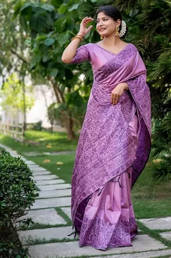 Levender color handloom raw silk weaving pallu saree