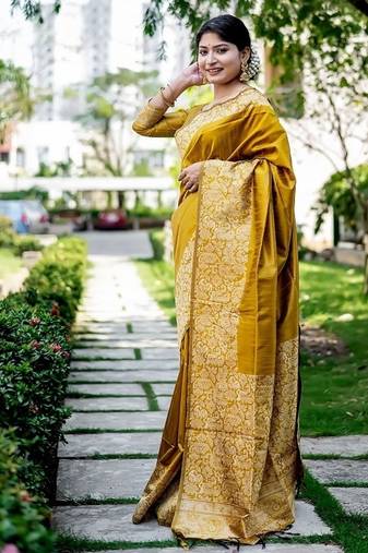 Yellow color handloom raw silk weaving pallu saree
