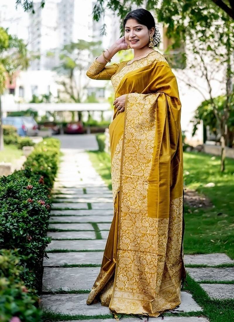 Yellow color handloom raw silk weaving pallu saree