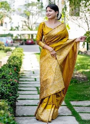 Yellow color handloom  silk blend weaving pallu saree 2