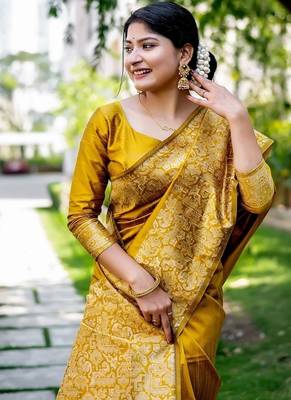 Yellow color handloom  silk blend weaving pallu saree 3