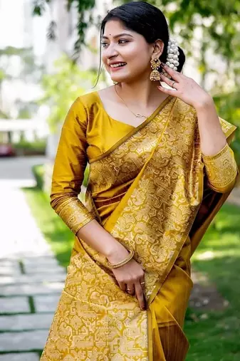 Yellow color handloom  silk blend weaving pallu saree