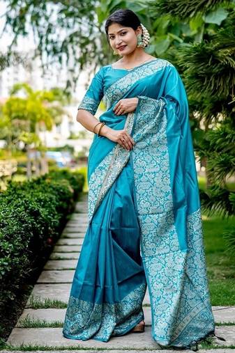 Sky blue color handloom raw silk weaving pallu saree