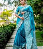 Sky blue color handloom  silk blend weaving pallu saree