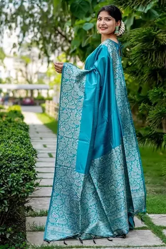 Sky blue color handloom raw silk weaving pallu saree