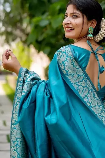 Sky blue color handloom raw silk weaving pallu saree