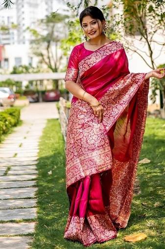 Pink color handloom raw silk weaving pallu saree