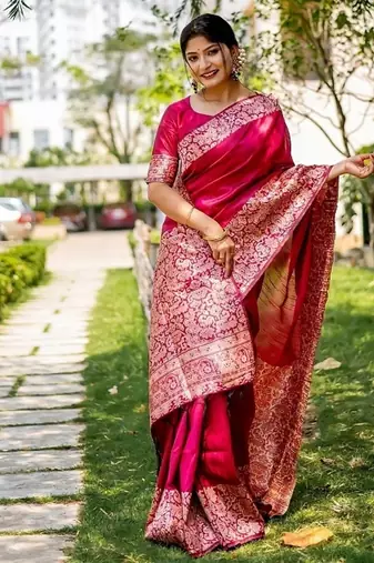 Pink color handloom raw silk weaving pallu saree
