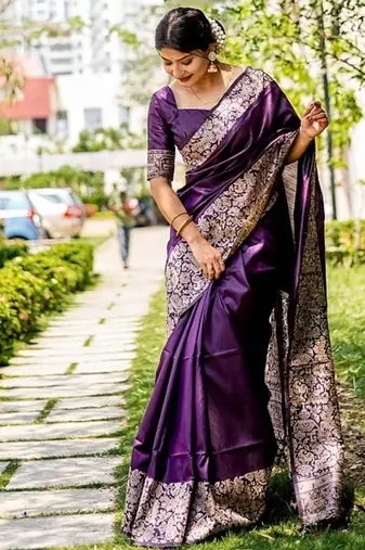 Purple color handloom raw silk weaving pallu saree