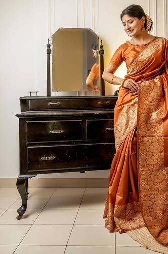 Musturd color handloom raw silk weaving pallu saree