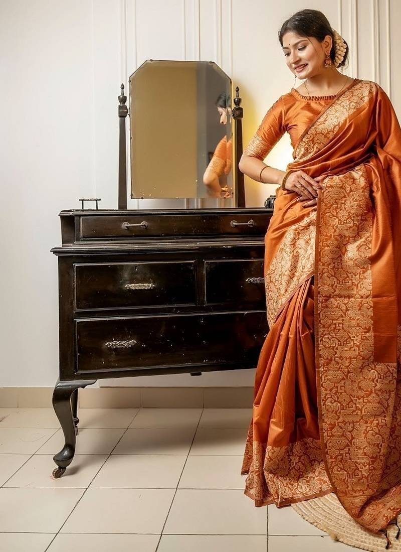 Musturd color handloom raw silk weaving pallu saree