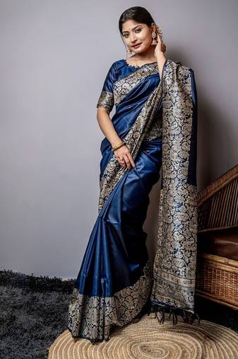 Blue color handloom raw silk weaving pallu saree