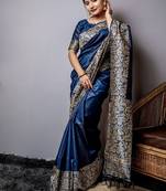 Blue color handloom raw silk weaving pallu saree