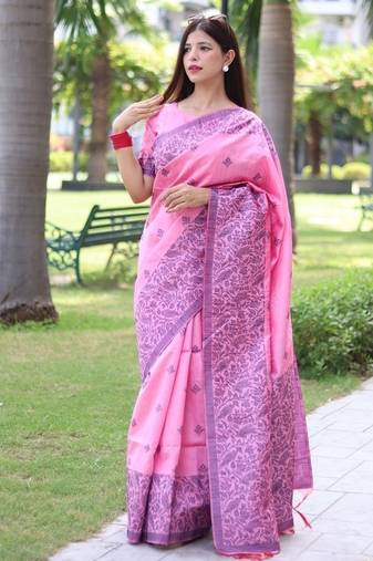 Pink color banglori handloom raw silk waving buttis saree